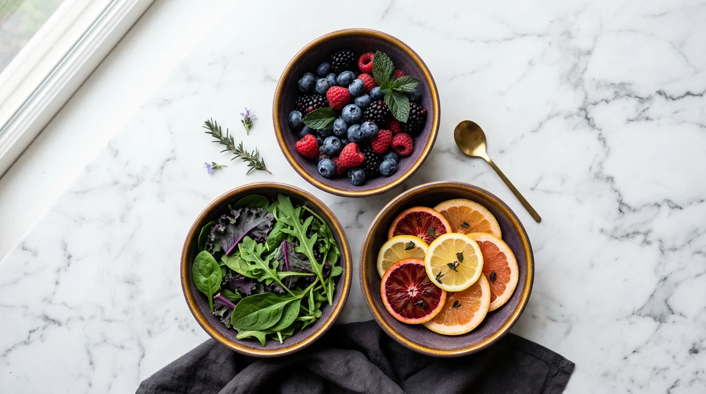 Colourful whole food ingredients - berries, greens and citrus in ceramic bowls